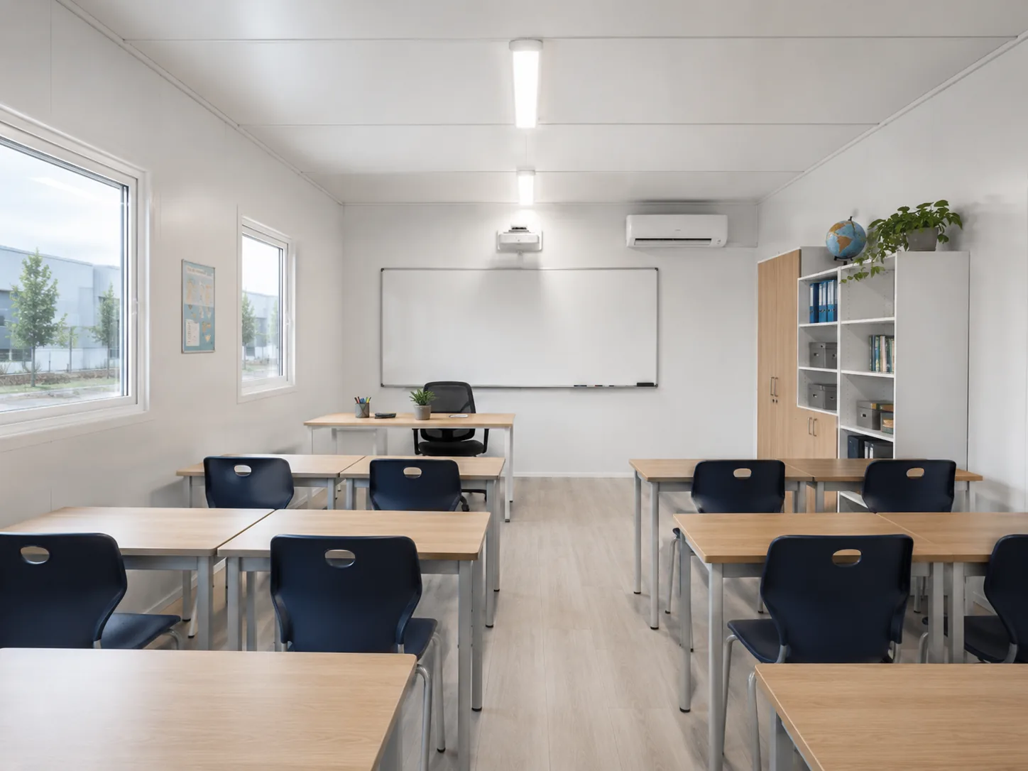 Aula modular dotada con mobiliario Rentainer